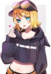  1girl bangs baseball_cap black_sweater blonde_hair blue_eyes collarbone crop_top eyebrows_visible_through_hair eyewear_on_headwear hair_between_eyes hair_ornament hairclip hat highres hood hood_down hooded_sweater kagamine_rin long_sleeves midriff navel shiny shiny_hair short_hair simple_background sleeves_past_wrists solo soramame_pikuto standing stomach sweater swept_bangs tongue tongue_out vocaloid white_background 