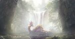  bubble day dragon fog highres missile228 mizutsune monster monster_hunter_(series) monster_hunter_rise no_humans open_mouth outdoors river rock scales scenery solo tail tree water waterfall wyvern 