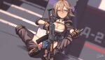  1girl absurdres ak-74u_(girls_frontline) aks-74u assault_rifle blonde_hair blue_eyes breasts cleavage commentary denim denim_shorts dragoncastle earpiece explosive girls_frontline gloves grenade gun highres hood hood_down hooded_jacket jacket knee_pads large_breasts looking_at_viewer open_clothes open_jacket open_mouth rifle short_hair shorts sitting sleeves_rolled_up solo spread_legs thighhighs throat_microphone trigger_discipline weapon 