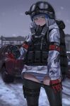  1girl absurdres backpack bag bangs black_legwear blunt_bangs blush camouflage camouflage_jacket eyebrows_visible_through_hair facial_mark gas_mask girls_frontline gloves green_eyes ground_vehicle hair_ornament helmet highres hk416_(fang)_(girls_frontline) hk416_(girls_frontline) holding jacket kuro_(zhurunbo1997) last_man_battalion long_hair long_sleeves looking_at_viewer military military_uniform motor_vehicle outdoors panties panty_pull pantyhose pulled_by_self red_gloves silver_hair snow snowing striped striped_panties sweat teardrop thigh_strap tom_clancy&#039;s_the_division underwear uniform vest winter_uniform 