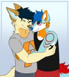  absurd_res anthro arctic_wolf canid canine canis clothing destiny_(video_game) domestic_dog duo falcon_woodwere fall_lightsky fluffy_ears hi_res holding_person hug husky love male male/male mammal nordic_sled_dog one_eye_closed shirt spitz tank_top tee_shirt topwear unknown_artist wolf 