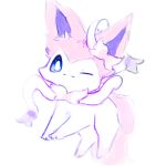  ambiguous_gender blue_eyes canid canine eeveelution feral fluffy fur hi_res mammal nintendo paws pok&eacute;mon pok&eacute;mon_(species) ribbons simple_background smile snoiifoxxo solo sylveon tuft video_games white_background white_body white_fur 
