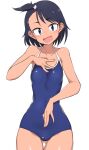  1girl ass_visible_through_thighs bangs black_hair blue_eyes blue_swimsuit breasts buta-don commentary competition_school_swimsuit cowboy_shot fang hair_tie hand_on_own_chest highres hodaka_natsumi houkago_teibou_nisshi looking_at_viewer medium_hair navel one-piece_swimsuit one_side_up open_mouth school_swimsuit short_hair skin_fang small_breasts smile solo standing swept_bangs swimsuit thigh_gap 