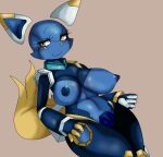  android anthro blue_body blue_nipples blush breasts canid canine clothed clothing domestic_cat e621 edit esix felid feline felis female fox genitals half-closed_eyes hi_res humanoid_genitalia looking_away machine mammal mascot narrowed_eyes nipples pussy robot san_ruishin simple_background smile solo yellow_eyes yellow_nose 