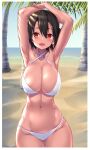  1girl armpits arms_behind_head arms_up ass_visible_through_thighs bangs beach bikini black_hair blue_sky breasts buta-don cassis_(buta-don) cleavage cowboy_shot criss-cross_halter day halterneck highres horizon large_breasts looking_at_viewer navel open_mouth original outdoors palm_tree red_eyes short_hair skindentation sky smile solo standing swimsuit thigh_gap tree white_bikini 