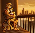  anthro apartment arm_tuft balcony bra breasts chest_tuft city city_background cityscape cleavage clothed clothing cuddling duo elbow_tufts eyes_closed felid feline felis female female/female fur knee_tuft leg_tuft lingerie mammal nicnak044 on_lap pantherine panties romantic_couple sitting size_difference smile striped_body striped_fur stripes sunset tiger tuft underwear yellow_eyes 
