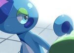  blue_eyes blurry blush closed_mouth commentary drizzile gen_8_pokemon highres looking_to_the_side no_humans pokemon pokemon_(creature) shiny smile zymonasyh 