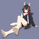  1girl animal_ear_fluff animal_ears bare_legs barefoot black_hair black_hoodie black_shorts blue_background blush blush_stickers breasts commentary eyebrows_visible_through_hair feet foreshortening full_body hair_flaps hair_ornament hololive hood hoodie kamochomedesu legs long_hair long_sleeves looking_at_viewer medium_breasts multicolored_hair ookami_mio orange_eyes parted_lips red_hair short_shorts shorts simple_background sitting soles solo streaked_hair toes two-tone_hair two-tone_hoodie virtual_youtuber white_hoodie wolf_ears 