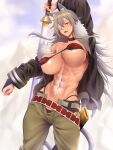  1girl abs animal_ears belt bikini bikini_top breasts choker dark_skin dark_skinned_female eyepatch fur-trimmed_jacket fur_trim ghislaine_dedoldia green_pants jacket large_breasts looking_at_viewer muscular muscular_female mushoku_tensei navel one-eyed open_belt open_mouth open_pants pants red_choker scar scar_on_cheek scar_on_face scar_on_stomach solo swimsuit sword toned weapon zucchini 