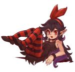  1girl bare_shoulders black_footwear black_hair bow fangs highres long_hair looking_at_viewer pointy_ears red_bow red_eyes sidelocks smile striped striped_legwear vampire waa153 zakuro_(rariatto) 