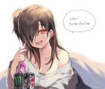 1girl bangs black_hair breasts can cleavage crazy_straw drinking_straw ear_piercing energy_drink eyebrows_visible_through_hair gem hair_over_one_eye hanekoto heart_straw long_hair monster_energy multicolored_hair off_shoulder one_side_up open_mouth original piercing red_eyes red_hair shirt simple_background solo speech_bubble streaked_hair strong_zero translation_request twitter_username upper_body 