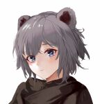  1girl animal_ears arknights bangs bear_ears blue_eyes blush closed_mouth commentary_request eyebrows_visible_through_hair highres looking_at_viewer misha_(arknights) mixed-language_commentary portrait short_hair silver_hair simple_background solo white_background xiaobei 