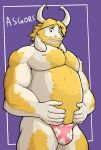  2021 anthro asgore_dreemurr barazoku beard belly body_hair boss_monster bovid bulge caprine character_name clothing facial_hair goat hair hand_on_stomach hi_res horn jrjresq looking_at_viewer male mammal mature_anthro mature_male musclegut muscular muscular_anthro muscular_male pinup pose purple_background simple_background solo standing thong undertale underwear video_games 