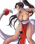  1girl 6maker absurdres breasts brown_hair closed_fan fan fatal_fury folding_fan high_ponytail highres holding holding_fan large_breasts muscular muscular_female pelvic_curtain ponytail revealing_clothes shiranui_mai smile snk the_king_of_fighters thighs toned 
