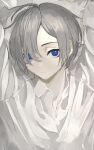 1girl androgynous blue_eyes collared_shirt expressionless highres looking_at_viewer original shirt short_hair silver_hair skkc_128 solo upper_body white_shirt 
