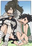  1boy 1girl barefoot black_hair brown_eyes dororo_(character) dororo_(tezuka) fish fish_in_mouth grass hair_over_one_eye highres hyakkimaru_(dororo) knees_up long_hair looking_at_viewer ponytail prosthesis prosthetic_arm prosthetic_leg sitting takoda_(piyoke78) 