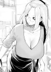  1girl absurdres bag bangs_pinned_back breasts cleavage collarbone commentary glasses greyscale hair_ornament hairclip handbag highres huge_breasts inne_sulistya_robin leaning_forward long_hair looking_to_the_side monochrome norman_maggot original shirt sidelocks skirt solo 