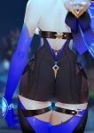  1girl absurdres ass ass_focus back backboob backless_outfit bare_shoulders blue_gloves blue_legwear breasts cameltoe cape cowboy_shot elbow_gloves eula_(genshin_impact) from_behind genshin_impact gloves highres skindentation solo thick_thighs thigh_strap thighhighs thighs yinqianren 