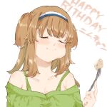  1girl alternate_costume bangs birthday blush breasts cake cleavage closed_eyes eating food food_in_mouth fork hairband happy_birthday highres holding holding_fork i-26_(kancolle) kantai_collection light_brown_hair long_hair medium_breasts rimiera simple_background smile solo two_side_up upper_body white_background 