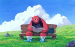  2018 anthro backpack bench bottomwear clothing detailed_background fur hi_res male mammal mugicaan1 newspaper outside red_body red_fur shirt shorts sitting solo topwear ursid 