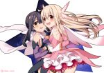  2girls :d bangs bare_shoulders black_hair blonde_hair blush breasts cape commentary detached_sleeves elbow_gloves eyebrows_visible_through_hair eyes_visible_through_hair fate/kaleid_liner_prisma_illya fate_(series) gloves hair_between_eyes hair_ornament highres holding_hands illyasviel_von_einzbern interlocked_fingers long_hair magical_girl miyu_edelfelt morokoshi_(tekku) multiple_girls open_mouth red_eyes simple_background sleeveless small_breasts smile twitter_username two_side_up upper_teeth white_background white_gloves x_hair_ornament yellow_eyes 