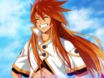 1boy bangs buttons closed_eyes cloud commentary day grin hair_between_eyes high_collar long_hair luke_fon_fabre male_focus mosako outdoors red_hair short_sleeves sidelocks sky smile solo tales_of_(series) tales_of_the_abyss upper_body 