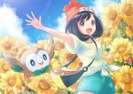  1girl :d arm_up artist_name bag bangs beanie black_hair cloud commentary_request day eyelashes floral_print flower gen_7_pokemon green_shorts grey_eyes hat medium_hair open_mouth outdoors outstretched_arms pokemon pokemon_(creature) pokemon_(game) pokemon_sm punico_(punico_poke) red_headwear rowlet selene_(pokemon) shirt short_sleeves shorts shoulder_bag sky smile spread_fingers starter_pokemon tied_shirt tongue watermark yellow_flower yellow_shirt 