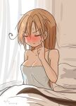  1girl :&lt; ahoge akigumo_(kancolle) bangs bed blanket blush breasts cleavage closed_eyes curse_(023) dated eyebrows_visible_through_hair finger_to_cheek hair_between_eyes hair_down highres kantai_collection light_brown_hair long_hair medium_breasts messy_hair mole mole_under_eye morning nose_blush pillow signature solo sweat tank_top white_tank_top 