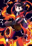  1boy absurdres bangs black_hair blue_eyes blunt_bangs double_bun fire full_body highres holding_hoop jack-o&#039;-lantern lightning long_sleeves looking_at_viewer medium_hair nezha_(the_legend_of_luoxiaohei) norikkonori shoes solo the_legend_of_luo_xiaohei 
