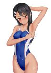  1girl absurdres arm_behind_head armpits bangs black_hair blue_swimsuit blush brown_eyes commentary_request competition_swimsuit cowboy_shot dark_skin dark_skinned_female ear_clip earrings hair_ornament hairclip hand_up highleg highleg_swimsuit highres ijiranaide_nagatoro-san jewelry long_hair looking_at_viewer nagatoro_hayase nose_blush one-piece_swimsuit parted_bangs pointing portrait shinalpha shiny shiny_hair sidelocks simple_background smile solo swimsuit swimwear tan wet wet_clothes white_background 