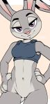  2021 anthro azurei bottomless breasts butt_from_the_front clothed clothing dipstick_ears disney female fingerless_(marking) fur genitals grey_body grey_fur hands_on_hips hi_res judy_hopps lagomorph leporid looking_at_viewer mammal multicolored_body multicolored_ears navel pink_nose purple_eyes pussy rabbit simple_background smile solo two_tone_body zootopia 