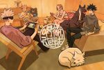  1girl 3boys animal bangs black_eyes black_hair black_pants black_shirt blindfold brown_eyes brown_hair closed_eyes closed_mouth couch covered_eyes crop_top cup dog felyne full_body fushiguro_megumi gojou_satoru grey_pants hair_between_eyes highres holding indoors itadori_yuuji jujutsu_kaisen kugisaki_nobara long_sleeves monster_hunter_(series) multiple_boys nintendo_switch open_mouth pants pink_footwear pink_hair profile purple_shirt red_shorts ryosuketarou shirt shoes short_hair shorts sitting slippers smile spiked_hair table white_footwear white_hair white_shirt 