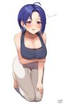  1girl :d ahoge artist_name ass_visible_through_thighs bare_arms bare_shoulders barefoot blue_hair blush breasts cleavage collarbone dated flying_sweatdrops full_body hand_on_own_arm highres idolmaster idolmaster_(classic) kneeling leaning_forward looking_at_viewer miura_azusa myeolchi open_mouth pants purple_eyes short_hair simple_background smile solo sports_bra thigh_gap translation_request white_background white_pants yoga_pants 