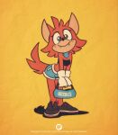  anthro bandeau blue_eyes bottomwear canid canine canis clothing fan_character female footwear fox-pop freckles fur gloves handwear head_tuft hi_res mammal neckerchief orange_body orange_fur red_wolf shoes shorts solo sonic_the_hedgehog_(series) topwear tuft wolf 