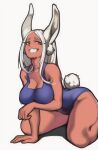  1girl animal_ears blue_swimsuit boku_no_hero_academia breast_hold breasts bunny_ears bunny_tail cleavage dark_skin dark_skinned_female english_commentary full_body highres kneeling large_breasts lentiyay long_eyelashes long_hair looking_at_viewer mirko one-piece_swimsuit parted_hair rabbit_girl red_eyes silver_hair swimsuit tail tail_through_clothes thick_thighs thighs wet 