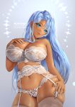  1girl absurdres artist_name bare_arms bare_shoulders blue_eyes blue_hair blue_nails bra breasts commentary commission cowboy_shot dark-skinned_female dark_skin english_commentary garter_belt hand_on_own_chest hand_on_own_thigh head_tilt highres huge_breasts lace lace_bra lace_panties light_smile lingerie long_hair looking_at_viewer nail_polish navel original panties parted_lips potetos7 simple_background solo symbol-only_commentary thighhighs underwear very_long_hair white_bra white_garter_belt white_legwear white_panties 