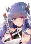  1girl absurdres azur_lane bangs bare_shoulders black_shirt blue_eyes blue_hair blunt_bangs bow collarbone commentary_request detached_sleeves eyebrows_visible_through_hair glowing glowing_eyes grabbing_own_arm habu_rin hair_bow heterochromia highres horns ibuki_(azur_lane) katana long_hair looking_at_viewer purple_eyes ribbon shirt simple_background skin_tight smile solo sword weapon white_background white_ribbon white_sleeves wide_sleeves 