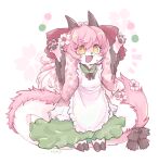  2021 5_fingers anthro clothed clothing cute_fangs daww dragon female fingers flower fully_clothed fur furred_dragon hair hi_res hooves horn kemonngo kemono long_hair maid_uniform open_mouth open_smile pink_body pink_fur pink_hair plant raised_arm simple_background smile solo tongue tuft uniform yellow_eyes young 