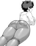  1girl ass bare_shoulders black_hair breasts denim earrings huge_breasts jeans jewelry looking_at_viewer looking_back lying monochrome on_stomach original pants short_hair solo sweat synecdoche thick_thighs thighs 
