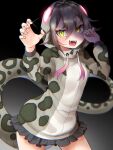  1girl :d animal_print black_hair blush claw_pose commentary cowboy_shot drawstring fangs fingernails green_eyes habu_(kemono_friends) hair_between_eyes hands_up highres hood hood_up hooded_jacket jacket kemono_friends kemono_friends_3 long_sleeves looking_at_viewer microskirt mitorizu_02 multicolored_hair open_mouth pleated_skirt print_jacket purple_hair skirt slit_pupils smile snake_tail snakeskin_print solo tail tsurime two-tone_hair v-shaped_eyebrows zipper_pull_tab 
