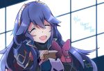  1girl armor artist_name bangs blue_hair blush bug butterfly cape closed_eyes dated fire_emblem fire_emblem_awakening gift gloves hair_between_eyes happy_birthday insect long_hair long_sleeves lucina_(fire_emblem) open_mouth ryoto_soukyuu shoulder_armor solo tiara turtleneck 