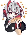  1girl arknights bangs black_jacket chibi cream cream_on_face crepe cropped_torso eating food food_on_face grey_hair holding holding_food jacket long_sleeves multicolored_hair red_eyes red_hair simple_background sketch sleeves_past_fingers sleeves_past_wrists solo streaked_hair sukima_(crie) upper_body w_(arknights) white_background 
