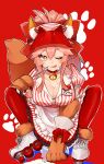  1girl animal_ear_fluff animal_ears apron bangs bell bow breasts cleavage collar dress fate/extra fate/grand_order fate_(series) fox_ears fox_girl fox_tail hair_between_eyes hair_bow highres jingle_bell kubomi_943 large_breasts long_hair looking_at_viewer lostroom_outfit_(fate) neck_bell one_eye_closed pink_hair ponytail red_bow red_legwear roller_skates sidelocks skates smile squatting striped striped_dress tail tamamo_(fate)_(all) tamamo_cat_(fate) thighhighs visor_cap white_apron yellow_eyes 