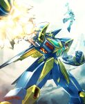  blue_eyes clenched_hand explosion green_eyes grungust_ichishiki highres huckebein ishiyumi looking_up mecha no_humans rocket_punch science_fiction solo_focus super_robot_wars super_robot_wars_original_generation v-fin 