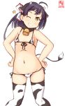  1girl ahoge alternate_costume animal_ears animal_print artist_logo ass_visible_through_thighs asymmetrical_bangs bangs bikini black_hair brown_eyes commentary_request covered_nipples cow_ears cow_horns cow_print cow_tail cowboy_shot dated fake_animal_ears front-tie_top fujinami_(kancolle) grin hair_ribbon hands_on_hips highres horns kanon_(kurogane_knights) kantai_collection long_hair looking_at_viewer lowleg lowleg_bikini micro_bikini one-hour_drawing_challenge one_eye_closed ribbon side-tie_bikini side_ponytail simple_background smile solo standing swimsuit tail thighhighs white_background white_bikini white_legwear white_ribbon yellow_eyes 