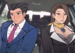  01nu 1boy 1girl ayasato_chihiro black_hair blue_jacket brown_eyes brown_hair buttons car_interior closed_mouth collared_shirt commentary derivative_work earrings english_commentary expressionless eyebrows_visible_through_hair eyes_visible_through_hair formal grey_eyes gyakuten_saiban jacket jewelry lapel lapel_pin long_hair magatama magatama_necklace meme mole mole_under_mouth naruhodou_ryuuichi necklace necktie photo_background pink_neckwear scarf shirt short_hair suit taut_clothes taut_shirt white_shirt yellow_scarf 