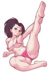  1girl absurdres barefoot bikini black_hair boku_no_hero_academia breasts cameltoe cleavage english_commentary hair_pulled_back highres large_breasts leg_up lentiyay long_hair looking_at_viewer micro_bikini pink_bikini ponytail soles solo spread_legs swimsuit underboob yaoyorozu_momo 