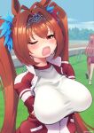  2girls animal_ears ass back blush breasts brown_hair commentary crossed_arms daiwa_scarlet_(umamusume) deto fang gym_uniform highres horse_ears horse_tail jacket large_breasts long_hair looking_at_viewer multiple_girls open_mouth outdoors red_eyes silence_suzuka_(umamusume) tail tears tiara track_jacket twintails umamusume white_legwear 