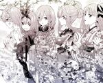  5girls :d :o bangs blunt_bangs blush breasts closed_mouth commentary_request flower from_side go-toubun_no_hanayome greyscale hair_between_eyes hair_flower hair_ornament hairband hand_on_another&#039;s_shoulder haruba_negi headphones headphones_around_neck highres holding japanese_clothes kimono long_bangs long_hair long_sleeves looking_at_viewer looking_to_the_side monochrome multiple_girls nakano_ichika nakano_itsuki nakano_miku nakano_nino nakano_yotsuba official_art open_mouth parted_lips sash short_hair siblings simple_background sisters smile standing star_(symbol) star_hair_ornament wide_sleeves yukata 