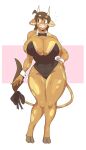  2021 anthro areola areola_slip big_breasts bovid bovine bow_tie breast_squish breasts brown_body brown_eyes brown_fur brown_hair cattle clothed clothing collar curvy_figure eyelashes female fur hair hand_on_hip hi_res hooves horn huge_breasts leotard looking_aside mammal molly_(slightlysimian) open_mouth open_smile pinup pose ribbons simple_background skimpy slightlysimian smile solo spots spotted_body spotted_fur squish standing tail_bow tail_ribbon tail_tuft teeth thick_thighs tuft voluptuous wardrobe_malfunction white_background wide_hips wrist_cuff 